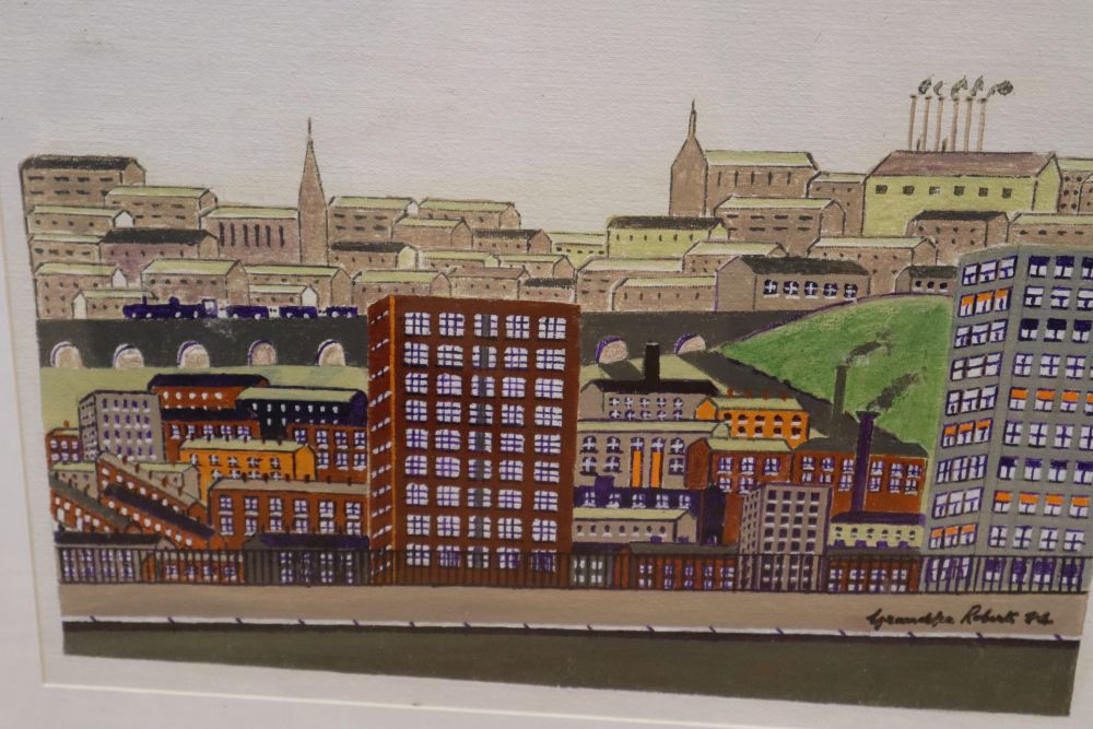 Grandpa Roberts, oil on board, Cityscape, signed and dated 84, 29 x 39cm